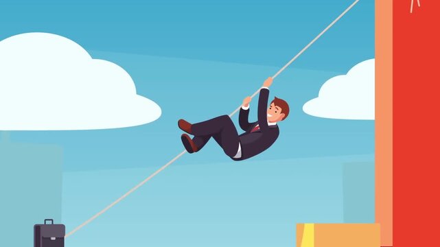 Businessman sliding down a rope with a briefcase against a bright blue urban sky background