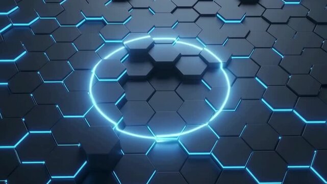 3D abstract hexagonal grid background with glowing neon blue light lines.
