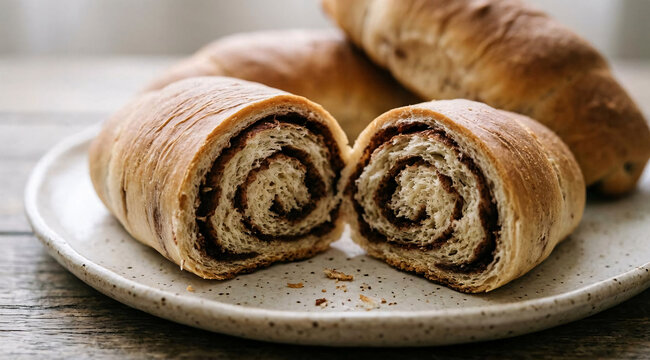 Freshly Baked Rustic Artisan Bread Roll Split Open Showing Soft Fluffy Interior and Golden Crust on Ceramic Plate