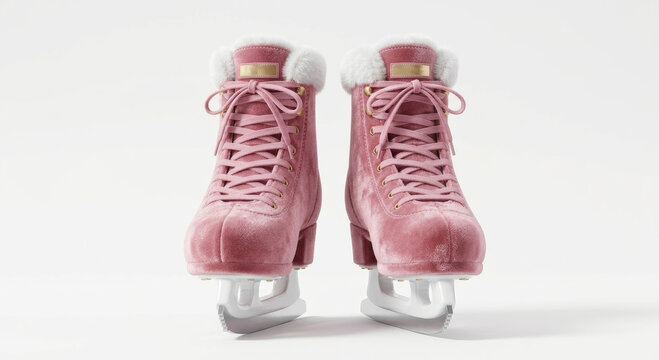 Pink velvet figure ice skates with white faux fur cuffs and gold details, winter Christmas fashion, front view on light background