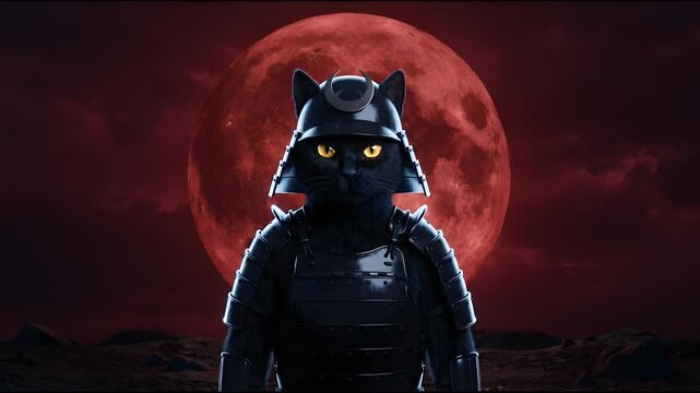 Enigmatic feline samurai warrior clad in traditional armor, illuminated by the dramatic crimson glow of a colossal blood moon in a mystical realm