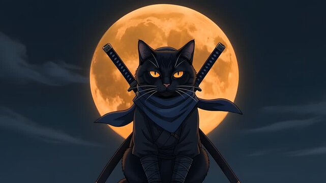 Fierce black ninja cat with a blue scarf and swords posing against a glowing full moon at night