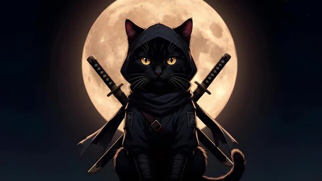Fierce black cat ninja sitting in the dark with two swords on its back against a glowing full moon