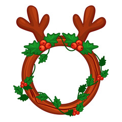 Christmas reindeer antlers round avatar frame with holly wreath and red berries isolated on transparent background © babysofja