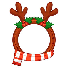 Christmas reindeer antlers round avatar frame with striped scarf and holly leaves isolated on transparent background © babysofja