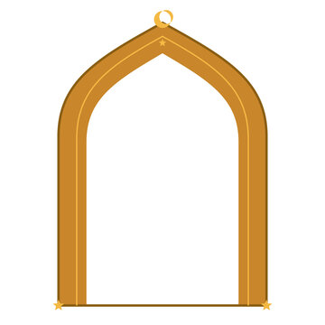 Golden Islamic arch frame with crescent moon on transparent background