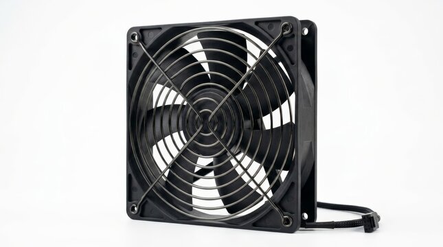 A close up view of a black server cooling fan equipped with a metal safety grille, positioned vertically against a clean white background with a small cable extending out