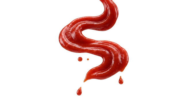 Red tomato ketchup swirl isolated on white, thick glossy sauce wave with droplets, condiment splash for food advertising and menu