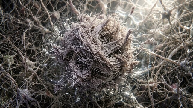 Amyloid plaque aggregation, misfolded protein cluster accumulating across extracellular neural matrix, demonstrating neurodegenerative pathology, toxic fibril tangle in brain tissue.