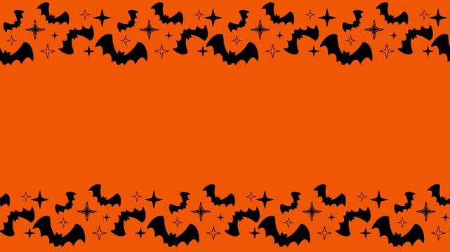 Festive animated border of black bats and stars scrolling horizontally across the top and bottom of an orange background. Looping animation perfect for Halloween themes. 