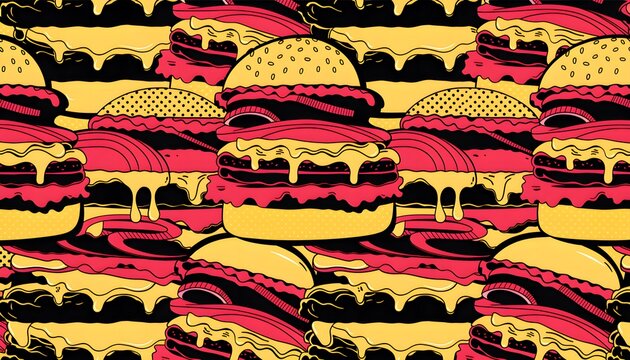 Seamless pop art cheeseburger pattern featuring exaggerated layered burger cross-sections with wavy cheese drip in diner red and yellow. Vector graphic.