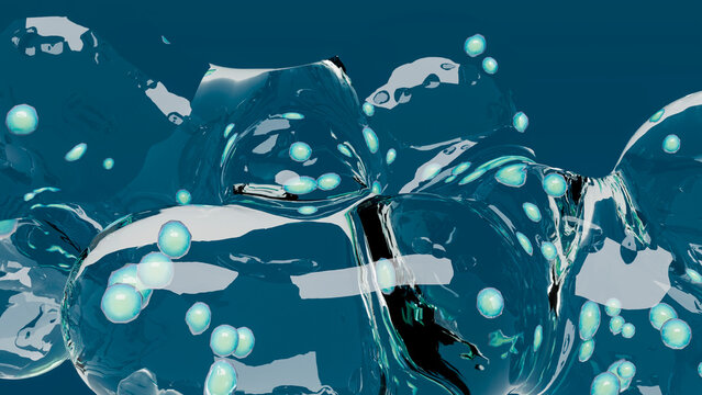 Transparent round liquid bubbles with fluid dynamics illustration