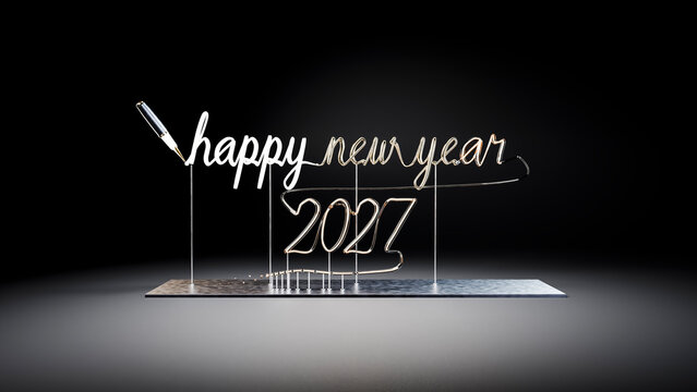 Wire sculpture spelling happy new year 2027 on metal base