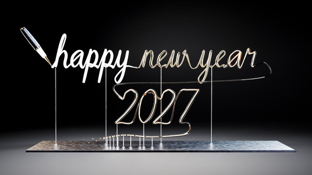 Wire sculpture spelling happy new year 2027 with calligraphy pen