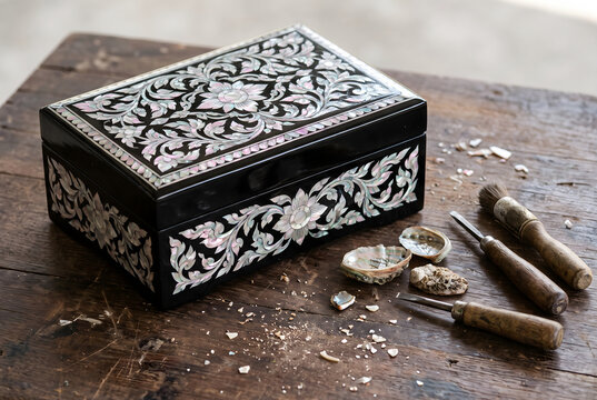 Thai mother of pearl inlay lacquer box with raw abalone shell pieces