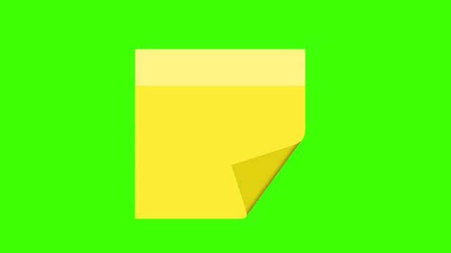 Yellow sticky note animated paper page reminder memo with folded corner in smooth seamless loop motion on 4k green screen background.
