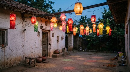 Fototapeta premium Traditional Diwali lanterns hanging in a rustic village courtyard, colorful paper lamps illuminating an old rural house at dusk, festive Indian celebration