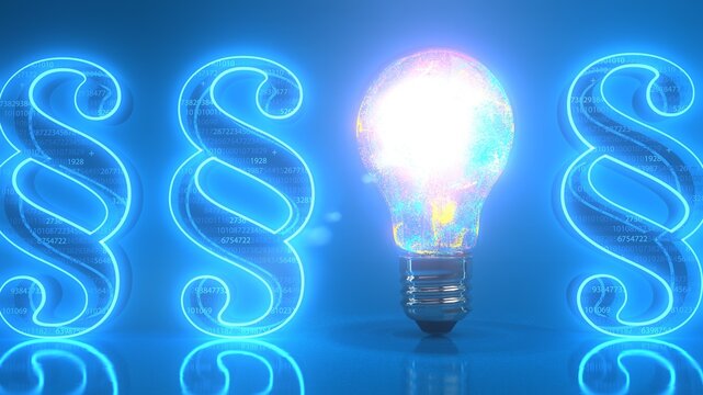 Glowing Light Bulb with Paragraph Symbols and Digital Data Background. 3D illustration.