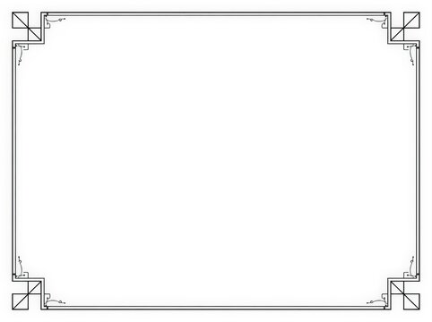 Minimalist black linear geometric frame border with art deco corner details on white background.