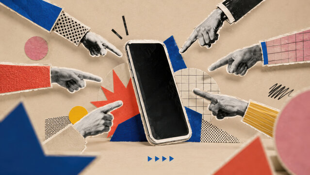 Many pointing hands in colourful sleeves aimed at a smartphone with a blank screen, paper craft collage. Online blame, cyberbullying and public shaming