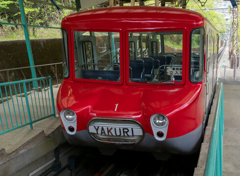 Takamatsu, Kagawa prefecture, Japan - April 16, 2018: Yakuri Cable funicular wagon stopped at the station