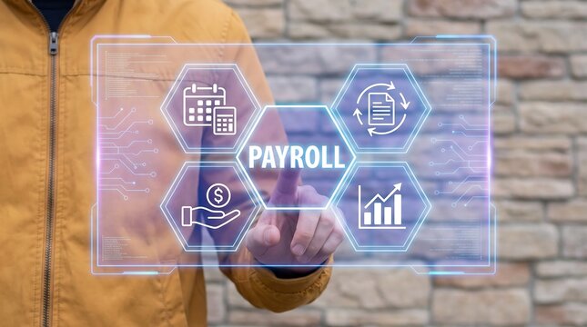 Man Touching Virtual Payroll Button on Futuristic Hexagon Interface with Calendar, Salary Payment, Document and Growth Chart Icons, HR Payroll Management Software Concept