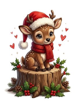 Cute baby deer wearing a red christmas hat and scarf sitting on a wooden stump with holly berries isolated on white background