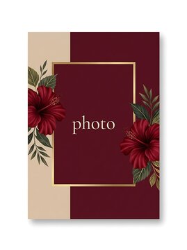 Elegant floral photo frame template with dark red hibiscus flowers and golden border on a split beige and burgundy background