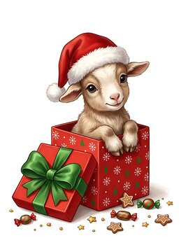 Cute baby goat wearing a santa hat sitting inside a red christmas gift box isolated on white background