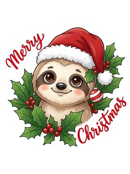 Cute cartoon sloth wearing a santa hat surrounded by holly leaves and berries with merry christmas text isolated on white background