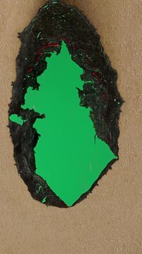 Wrapping Paper Burns Away for Green Screen Keying. Wrapping paper burns completely as dark char shrinks across tan surface revealing green chroma key beneath. Paper disappears until green fills frame.