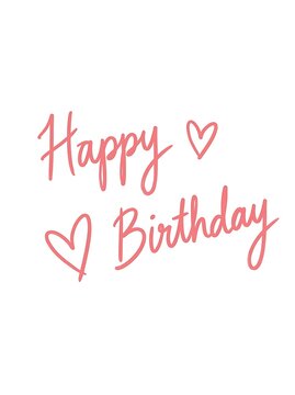 Happy birthday handwritten calligraphy lettering with pink hearts isolated on white background