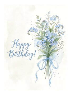 Watercolor illustration of a bouquet of blue forgetmenot flowers with a ribbon, elegant birthday greeting card design isolated on white background
