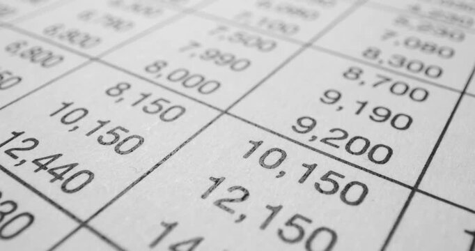 USA W4 Salary Table Detail Withholding Reference. W-4 tax table close up shows salary and wage brackets on page five. This USA tax form detail presents row values for withholding reference in crisp