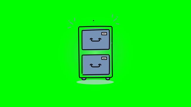 Cinematic 4K flat sketch vector animation of an office filing cabinet with sliding storage drawers, revealed document tabs, tactile drawer closure phy.
