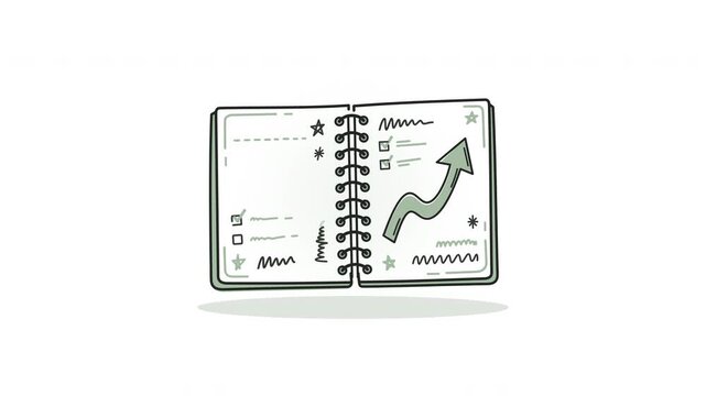Cinematic 4K flat sketch vector animation of an open spiral business planner notebook featuring checklist task completions, hand-drawn scribbles, and.