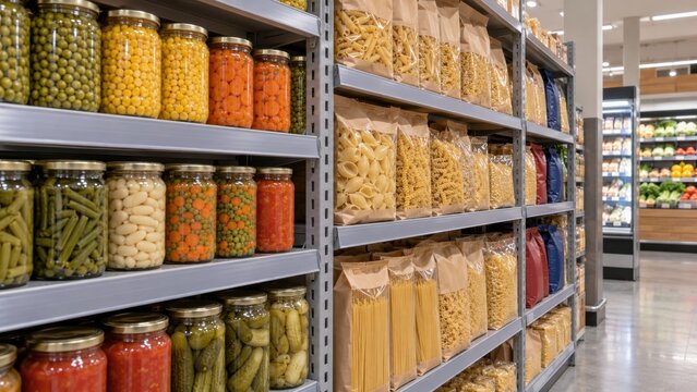 Grocery store shelves stocked with jars of vegetables and bags of pasta for shoppers