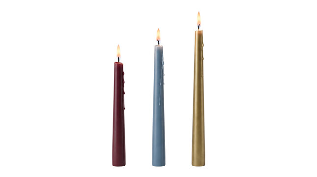 Elegant burning taper candles in burgundy blue and gold, three lit wax candles of varying heights, minimalist decorative candles for celebration
