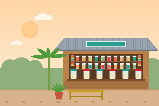 Traditional warung shop with snack jars and bamboo bench flat vector