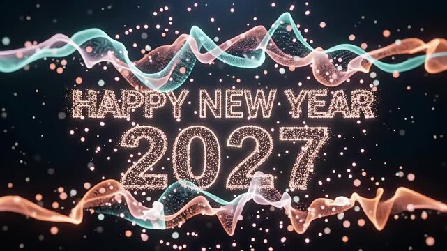 Happy new year 2027 particle wave text motion graphic background seamless loop animation
