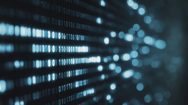 Digital binary code on a glowing background.