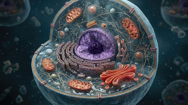 A highly detailed rendering illustrates the intricate structure of a human cell displaying the nucleus mitochondria and cytoplasm in a scientific style