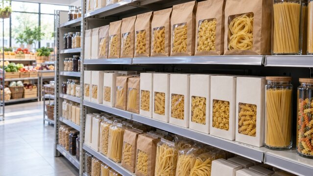 Pasta packages and jars arranged on shelves in a grocery store during the day