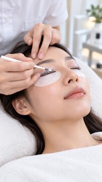Eyelash treatment for a woman at a beauty salon vertical video