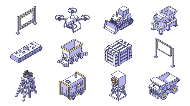 Elegant Isometric Illustrations of Modern Construction and Mining Equipment in Purple Yellow and Gray
