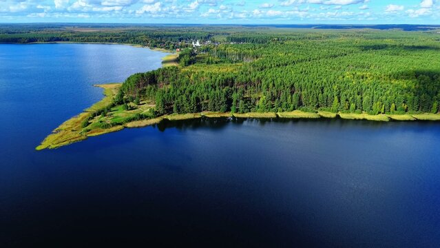 Aerial view of lush green forest fringed by calm blue lake under bright cloudy sky