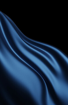 Luxury dark blue silk fabric waving isolated on black background with copy space 3D render