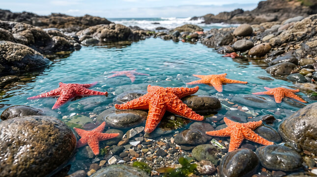 Colorful Starfish in Shallow Coastal Tide Pool