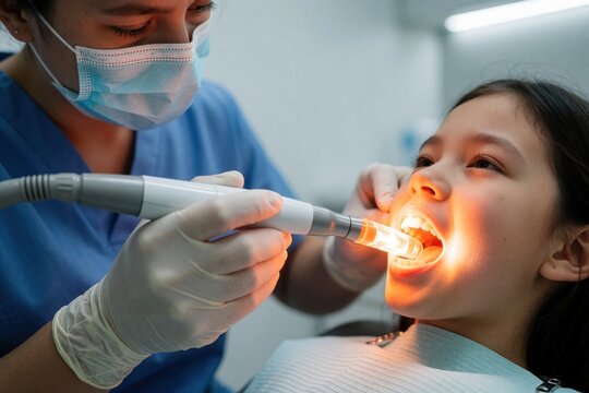Dentist uses blue light polymerization lamp for dental filling on young girl. Pediatric dentist performs tooth restoration procedure in clinic. Child patient gets oral care treatment with modern LED