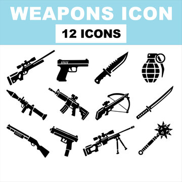 Medieval weapons icon set, 12 black vector icons of sai, kukri, naginata, tomahawk, claymore, harpoon, war pick, bardiche, estoc, dart, khopesh and flamberge isolated on white background